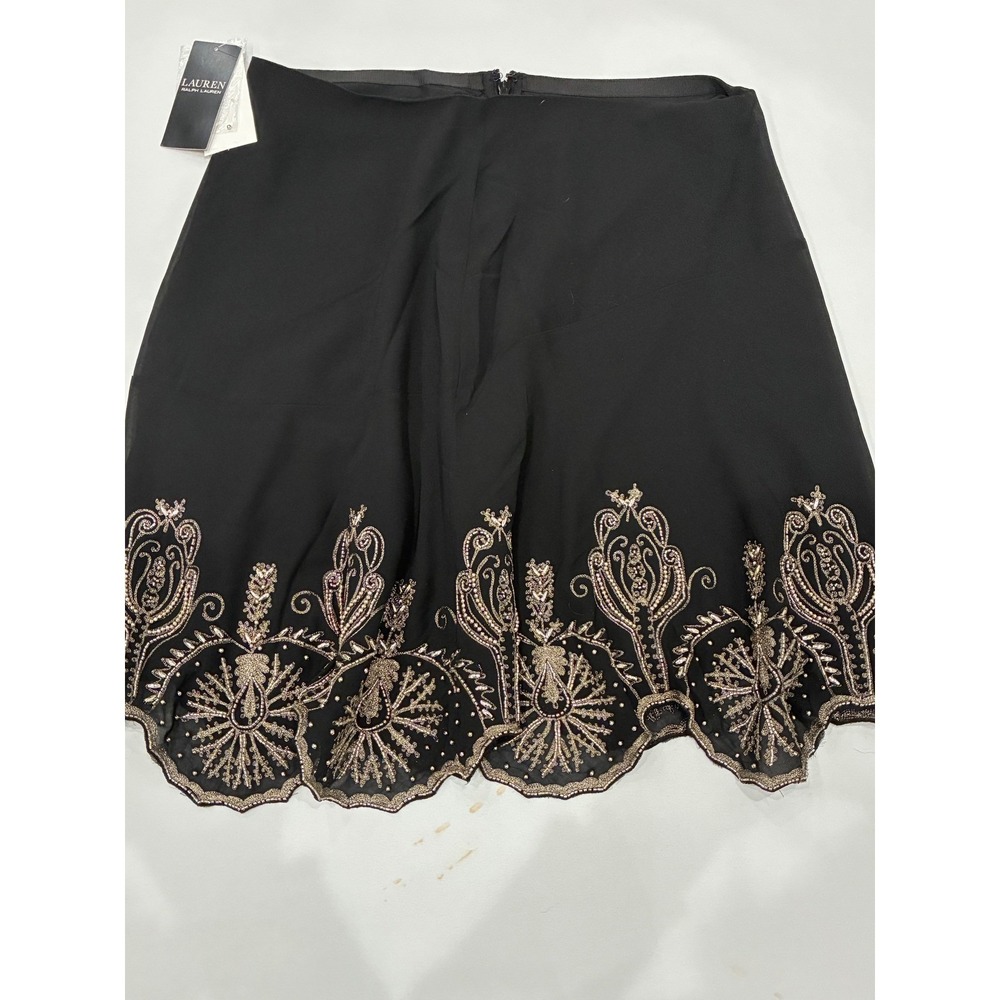 Lauren Ralph Lauren Black Beaded Embellished Lined Skirt 6 Metallic Hem Formal